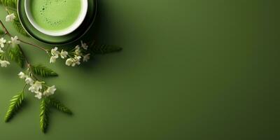 duftend Matcha Tee auf das Tischbanner. generativ ai foto