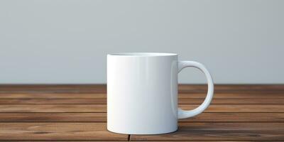 Attrappe, Lehrmodell, Simulation von ein Weiß Tasse zum Tee oder Kaffee, auf ein hölzern Tisch. generativ ai foto