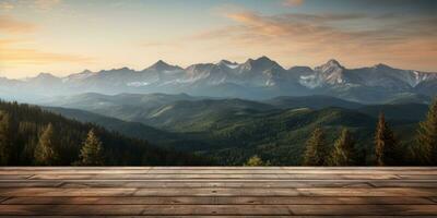 hölzern Hintergrund zum Werbung. Berge im das Hintergrund. generativ ai foto