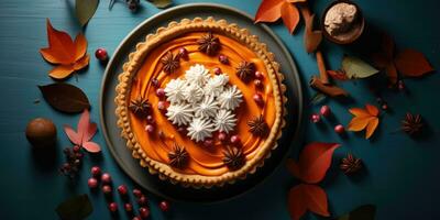 appetitlich Kürbis Kuchen. Kuchen Nahansicht. das Thema von Kochen und Herbst. generativ ai foto