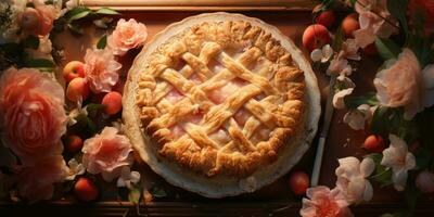 Pfirsich Kuchen. appetitlich Kuchen Nahansicht. Äpfel, Früchte. generativ ai foto