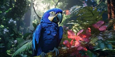 Blau Ara, Papagei auf ein Ast Nahansicht. generativ ai foto