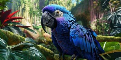 Blau Ara, Papagei auf ein Ast Nahansicht. generativ ai foto
