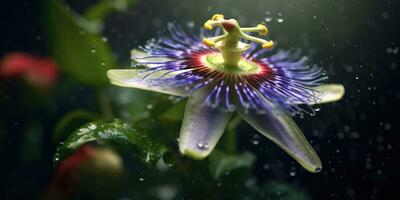 großartig Passionsblumen mit Regentropfen. Bild zum ein Postkarte. generativ ai foto
