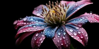 schön Blume mit Regentropfen auf ein dunkel Hintergrund. Foto zum Poster oder Hintergrund. generativ ai