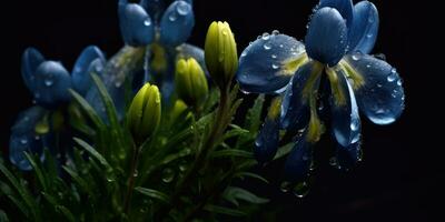 Blau Blumen auf ein dunkel Hintergrund mit Tau Tropfen. generativ ai foto