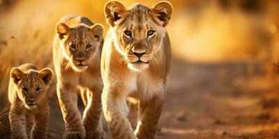 Löwin und Löwe Jungen sind ziehen um entlang das Savanne Straße. wild Leben. generativ ai foto