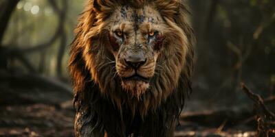 Porträt von Erwachsene männlich Löwe, wild Tier das Natur Lebensraum. vernarbt Löwe Gesicht. generativ ai foto