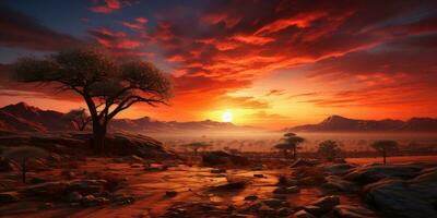 schön Sonnenuntergang im Afrika mit ein tot Baum und hell Farben. generativ ai foto