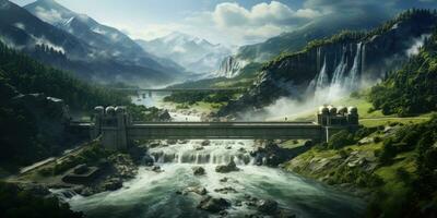 Bild von ein Wasserkraft Damm, wie Quelle von Energie das Bewegung von Wasser. generativ ai foto