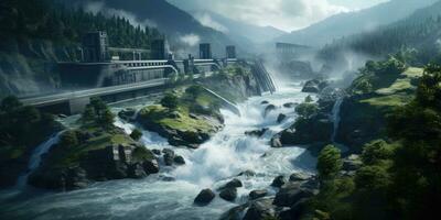 Bild von ein Wasserkraft Damm, wie Quelle von Energie das Bewegung von Wasser. generativ ai foto