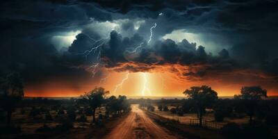 Nacht Gewitter Über das See, Blitz mit dramatisch Wolken. generativ ai foto