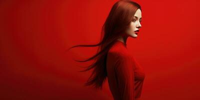 Silhouette von ein Mädchen auf rot Hintergrund, Minimalismus. Platz zum Text. generativ ai foto