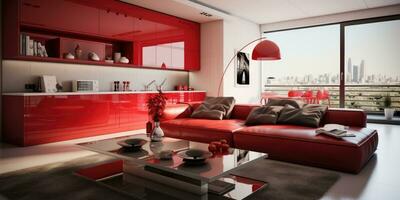 Design von ein modern Wohnung im rot Schattierungen, Küche und Leben Zimmer. generativ ai foto