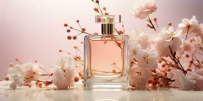 Glas Flasche von Parfüm auf Blumen- Hintergrund. Rosa Blumen- Hintergrund. generativ ai foto