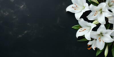 Weiß Lilien auf schwarz Hintergrund, oben Sicht, Raum zum Text oder Ihre Produkt. generativ ai foto