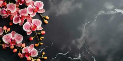 Ast von Rosa Orchidee auf schwarz Marmor Hintergrund oben Sicht, generativ ai foto