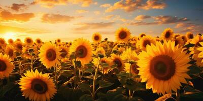 Feld von Blühen Sonnenblumen auf Hintergrund Sonnenuntergang. generativ ai foto