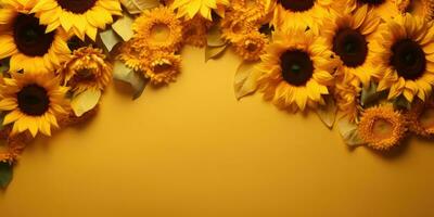 Sonnenblumen auf ein Gelb Hintergrund, Raum zum Text. Ernte. generativ ai foto