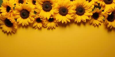 Sonnenblumen auf ein Gelb Hintergrund, Raum zum Text. Ernte. generativ ai foto