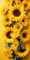 frisch Sonnenblumen mit Blätter auf Stengel auf ein hell Gelb Hintergrund. Ernte Zeit. generativ ai foto