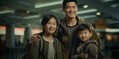 glücklich asiatisch Familie auf Urlaub. Menschen das Flughafen. generativ ai foto