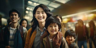 glücklich asiatisch Familie auf Urlaub. Menschen das Flughafen. generativ ai foto