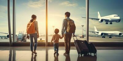 asiatisch Familie beim das Flughafen. Reise Thema. generativ ai foto