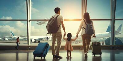 asiatisch Familie beim das Flughafen. Reise Thema. generativ ai foto