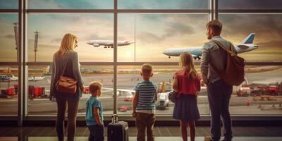 Familie im das Flughafen, Ferien und Erholung. generativ ai foto