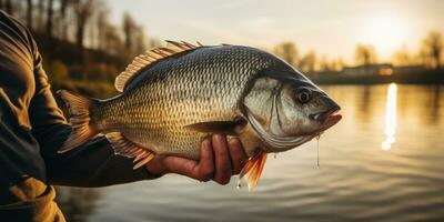 Fisch im das Hände auf das Hintergrund von Fluss. das Thema von Erholung und Angeln. generativ ai foto