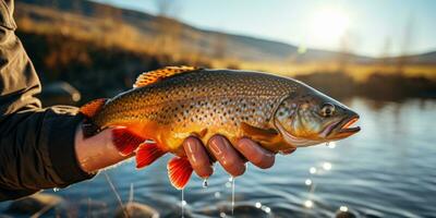 Fisch im das Hände auf das Hintergrund von Fluss. das Thema von Erholung und Angeln. generativ ai foto