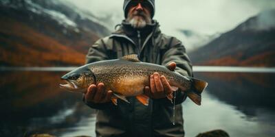 ein Mann hält Fisch im seine Hände auf das Hintergrund von ein See. das Thema von Angeln. generativ ai foto