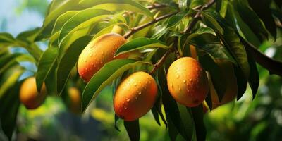 Nahansicht von Mangos hängend Mango Bauernhof, landwirtschaftlich Industrie Konzept. generativ ai foto