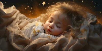 wenig süß Baby schläft im seine Bett. das Thema von Träume. generativ ai foto