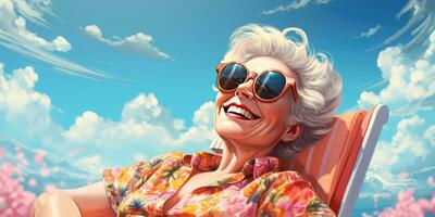 heiter und glücklich Oma ist ruhen auf das Strand im ein jünger. generativ ai foto
