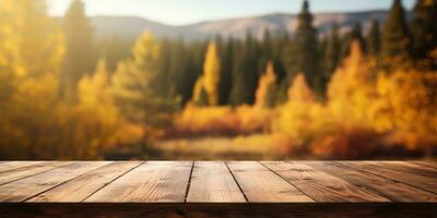 hölzern Tabelle gegen das Hintergrund von ein Herbst Wald, Raum zum Text. generativ ai foto