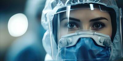 Frau Medizin im ein schützend Maske, das Entwicklung modern Drogen. generativ ai foto