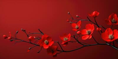 blühen Ast mit rot Blumen auf ein rot Hintergrund, zum ein Poster oder Postkarte. generativ ai foto
