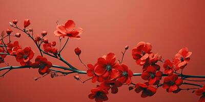 blühen Ast mit rot Blumen auf ein rot Hintergrund, zum ein Poster oder Postkarte. generativ ai foto