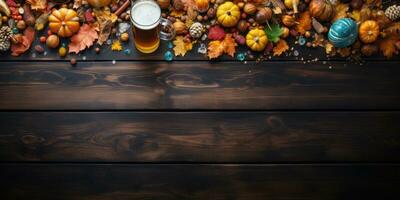 Kürbisse, Herbst Blätter, Bier Becher auf hölzern Tafel. Hintergrund zum Oktoberfest. generativ ai foto