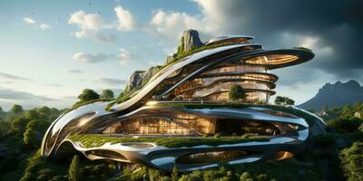 futuristisch Öko Gebäude Design, Stadt das Zukunft. generativ ai foto