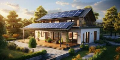 realistisch Design von ein modern Haus mit Solar- Paneele das Dach. Grün Energie. generativ ai foto