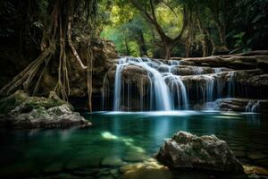 ein heiter Wald Wasserfall versteckt Weg im der Natur Umarmung foto