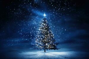beleuchtet Eleganz, ein Weihnachten Baum im ein Winter Ödland foto