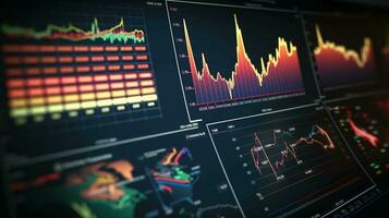 finanziell Daten Analyse. Diagramme, Berichte, und Grafiken Darstellen Einsichten foto