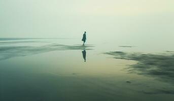 nebelig Landschaft mit Silhouette von ein Person Gehen entlang das Strand. ai generativ foto