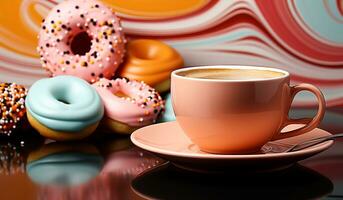 Rosa Tasse von Kaffee und lecker Donuts. ai generiert foto