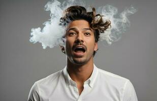 ai generativ Porträt von betont Mann Gefühl Ausbrennen, Rauch Kommen aus von seine Kopf foto