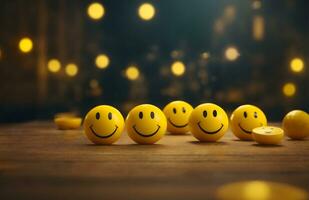 ai generativ Welt Lächeln Tag Konzept, Gelb Smiley Gesicht Hintergrund foto
